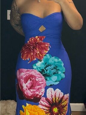 blue floral maxi dress with cut out detail